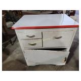 Wood Cabinet with White Enamel Top and Red Trim 30