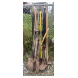 Garden tools: shovels, rake, hoes, post hole