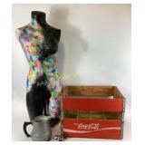 Coca-Cola Wooden Crate, Metal Pitcher, and Painted
