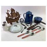 Kitchenware, Cast Iron Ship Doorstop, Enamelware,