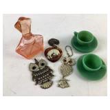 Pink Glass Decanter, Jadeite Tea Cups, and Assorte