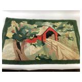 Hooked Wool Rug Depicting Red Covered Bridge and C