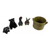 signed pottery with handles, yard animal decor: