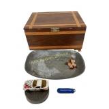 Jewlery box, pewter plate, calumet baking tin