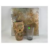 Gold toned art, sunflower vase, some chips, clear