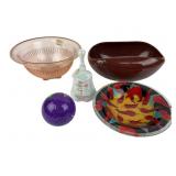 Pink depression glass bowl, purple glass