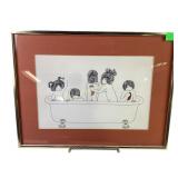 Framed Line Art Print of Children in a Bathtub