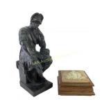 Bronze-Style Seated Thinker Sculpture and Wooden M