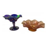 Cobalt carnival glass ruffled lip pedestal dish,