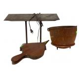Iron bucket, rusty, bellows, drafters table top