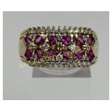 14K Gold Size 12 Ring with Red and Clear Stones