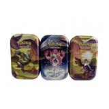 Collector Pokemon Tins with dice, cards, stickers