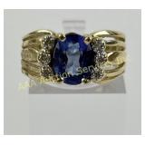 14K Gold Ring with Blue Stone and Accents, Size 6