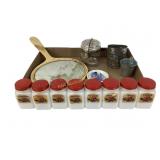 Milk glass spice jars, vanity hand mirror, needs