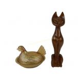 Carnival glass hen on a nest, carved MCM cat