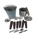Bucket and Camping Pot, Plates, Cups, and Flatware