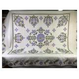 White and Lavender Hand-Stitched Floral Quilt