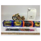 Die-Cast Model Cars, Motorcycle Clock, and VHS to