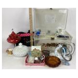 Westmoreland Milk Glass, red etched glass, sewing