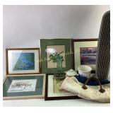 Framed Artwork, Hummingbird Feeder, Stoneware Dish