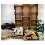 Wooden Wall Shelf, Radios, Glass Plates, Decorativ