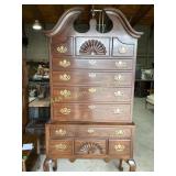 Wooden Highboy Chest with Brass Hardware and Carve