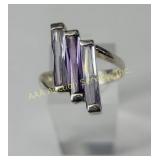 Sterling Silver Ring with Purple Gemstones, Size 8