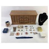 Wooden Jewelry Box with Assorted Jewelry and Acces