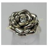 Sterling Silver Rose Ring with Clear Gem, Size 6,
