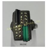 Sterling Silver Ring with Green and Black Stones,