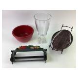 Decorative Items Including Glass Vase, Red Wooden