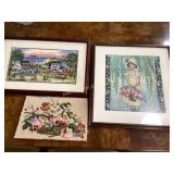 Framed Needlework Wall Art Featuring Village Scene