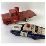 Tin Toy Police Car and Structo Livestock Truck