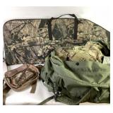 Military Duffel Bag, Camouflage Rifle Case, and Hu