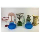 Decorative Glassware, Ceramic Figurine, and Brass