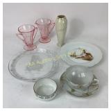 Lenox Vase, Pink Depression Glass, and German Porc