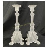 Pair Val St Lambert glass griffin candlesticks