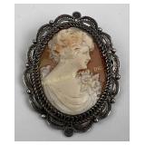 Victorian 800 silver filigree carved shell cameo