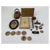 Old Pepsi-Cola bottle cap, damaged briar pipe,