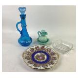 Bavarian Plate, Blue Glass Genie Bottle, Fostoria