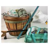 Tarp, pulleys, bushel baskets, wood crate, rope,