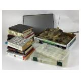 HP Laptop, RC Tank, Lures Tackle Box, Books