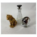 Etched Glass Decanter, Ceramic Leopard Figurine, a