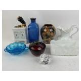 Moon and stars dish, red covered glass bowl, fire