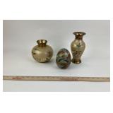 Brass Vases and Lidded Egg with Floral Design