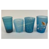 (4) blue glass tumblers incl. Victorian satin