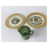 Decorative Plates and Green Carnival Glass Pitcher