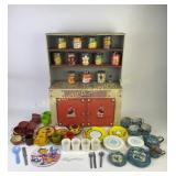 Mid-Century Toy Kitchen Cabinet With Play Dishware