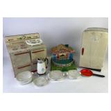 Toy Tin Oven and Fridge, Bakeware Pieces, and Farm