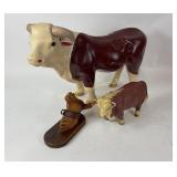 Painted Bull and Cow Figures With Wood Base Accent